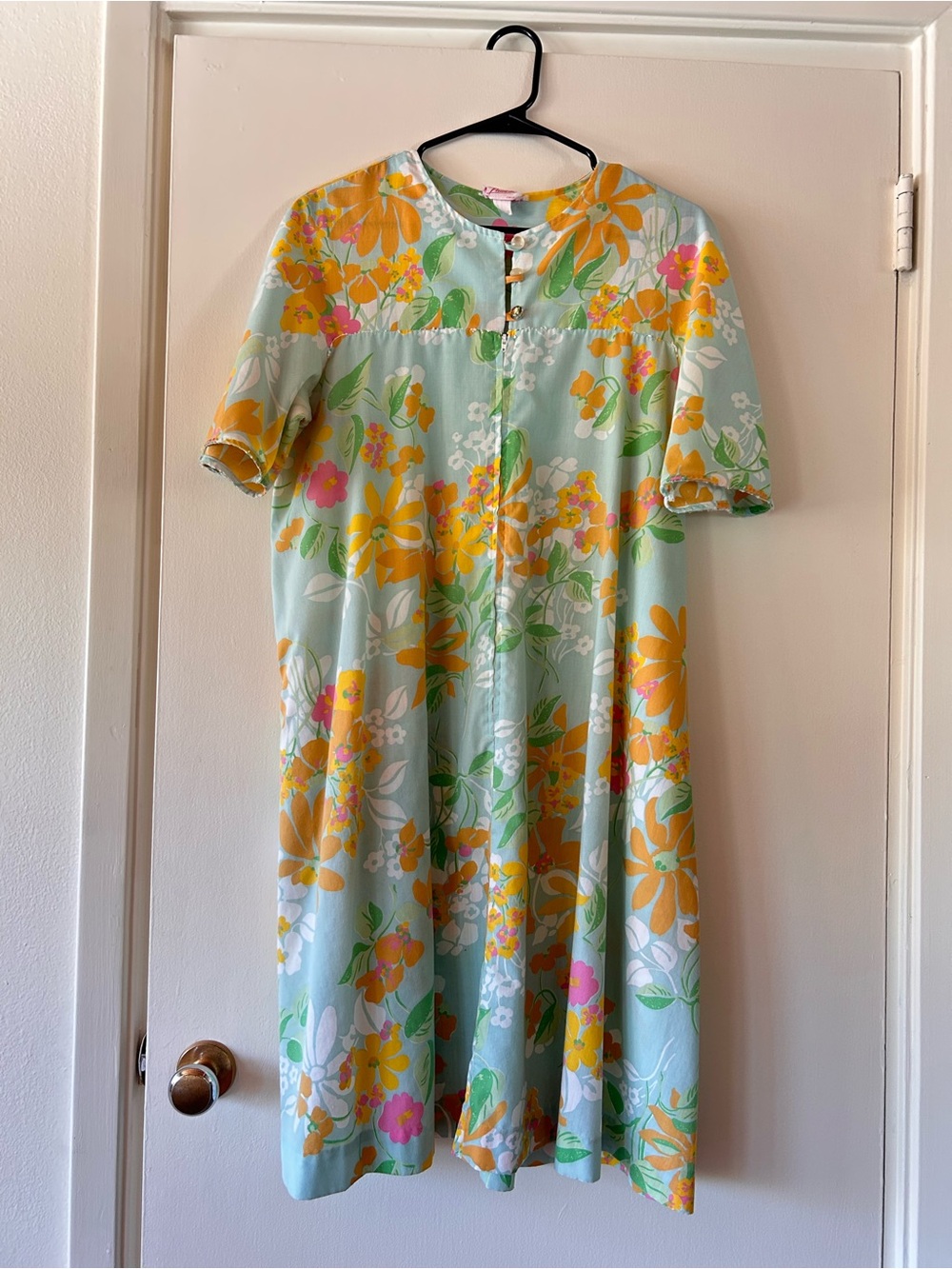 Floral Button-Front A-Line Housecoat Dress with Yellow & Pink Blooms Vintage